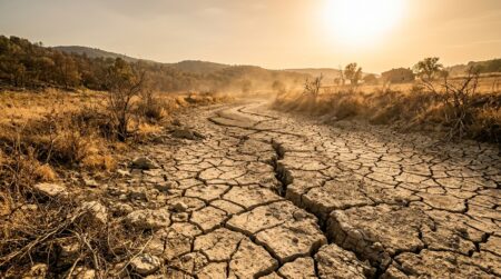 Sol de terre craquelée et asséchée sous un soleil intense