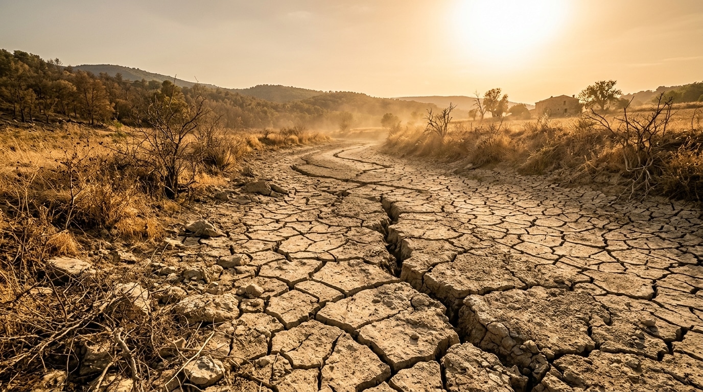 Sol de terre craquelée et asséchée sous un soleil intense