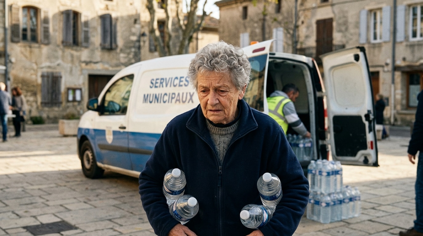 Habitant portant des bouteilles d'eau distribuées en village