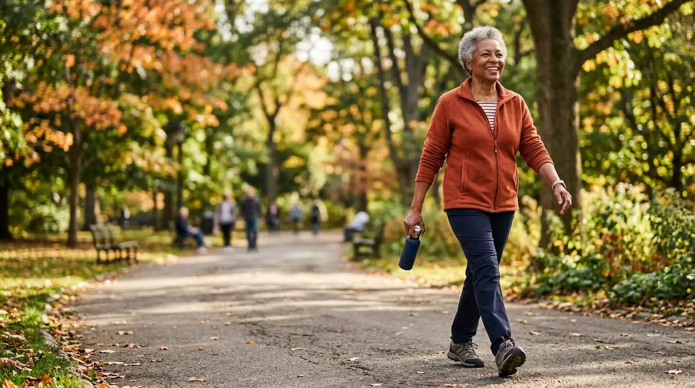 Senior souriant marchant avec énergie dans un parc