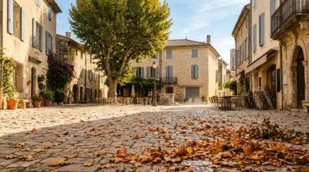 Place de village ensoleillée sous une chaleur automnale intense