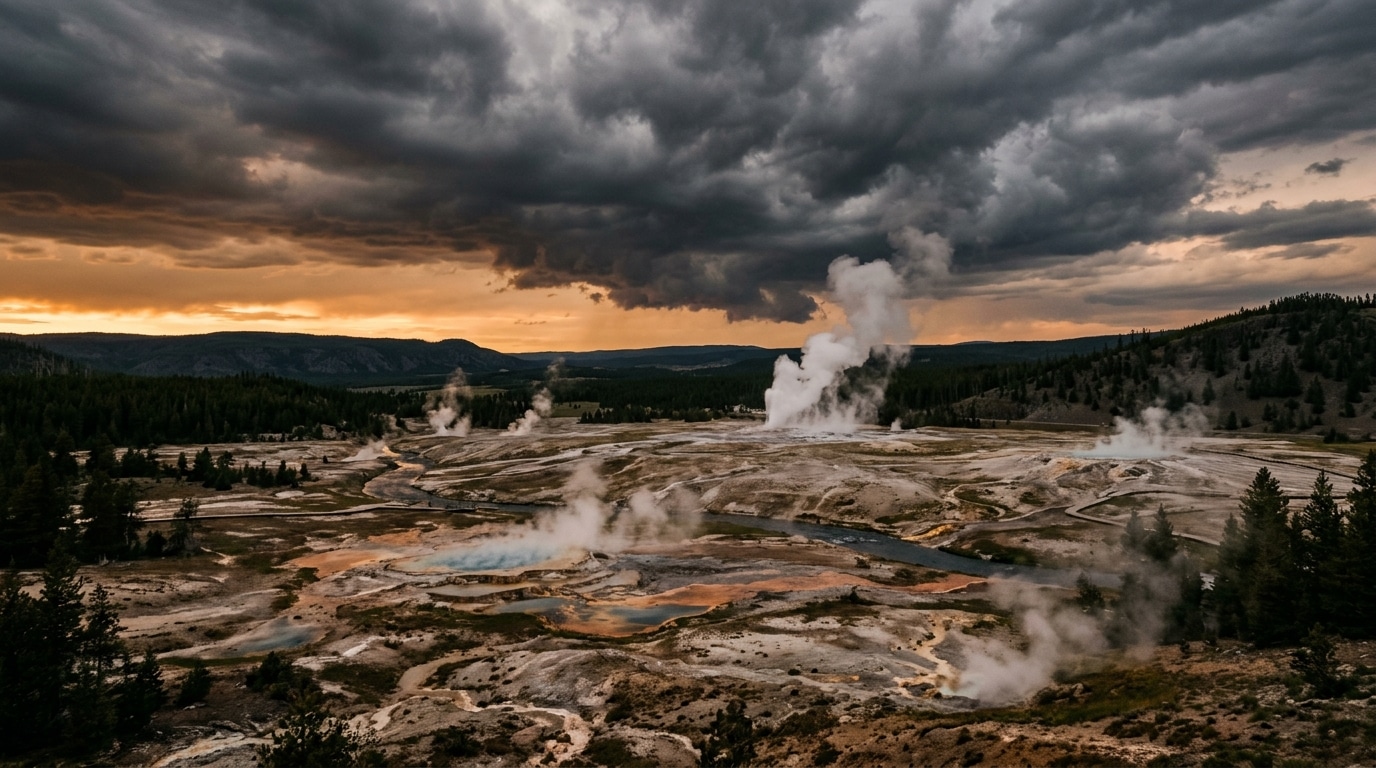 Geysers fumants de la caldeira de Yellowstone au crépuscule