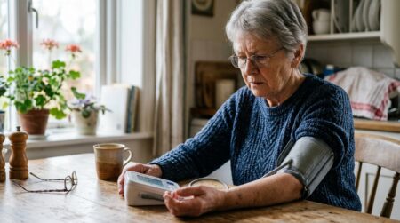 Personne âgée mesurant sa tension à domicile