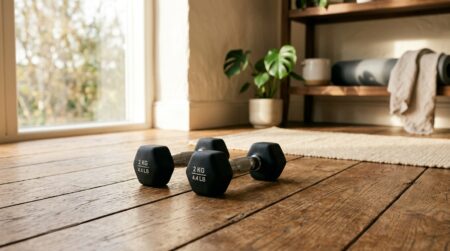 Deux petites haltères de 2 kg posées sur parquet