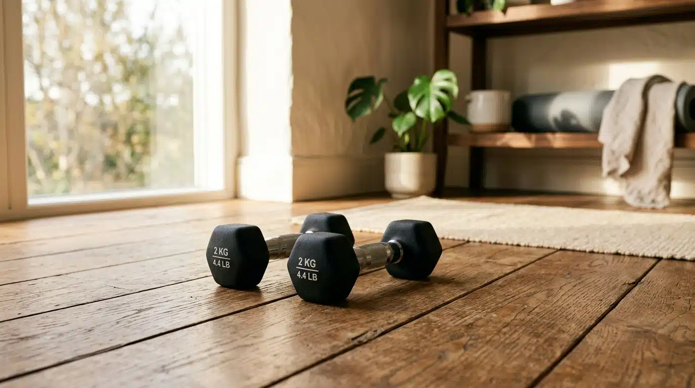 Deux petites haltères de 2 kg posées sur parquet