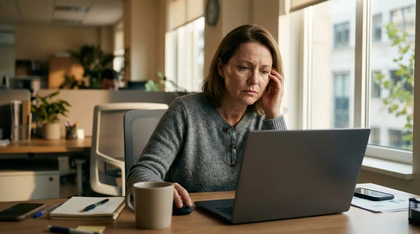 Homme assis longuement devant un ordinateur au bureau