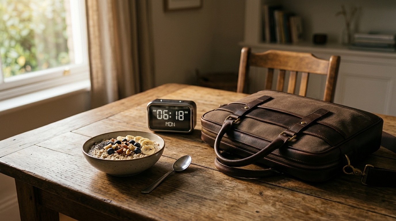 Table de petit-déjeuner avec bol d'avoine délaissé