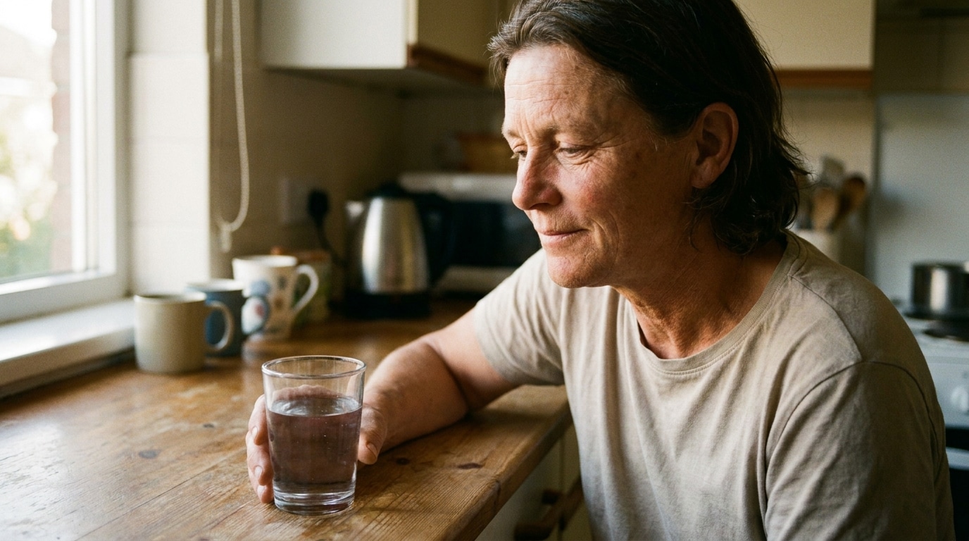 Visage serein d'une personne buvant de l'eau au petit matin