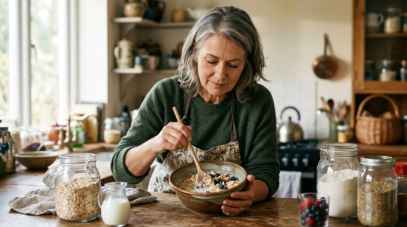 Femme pensive préparant son bol d'avoine en cuisine
