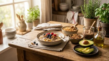 Aliments du régime portfolio sur table en bois