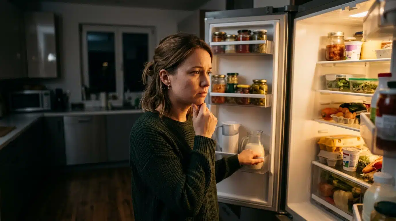 Personne inquiète devant un frigo ouvert la nuit