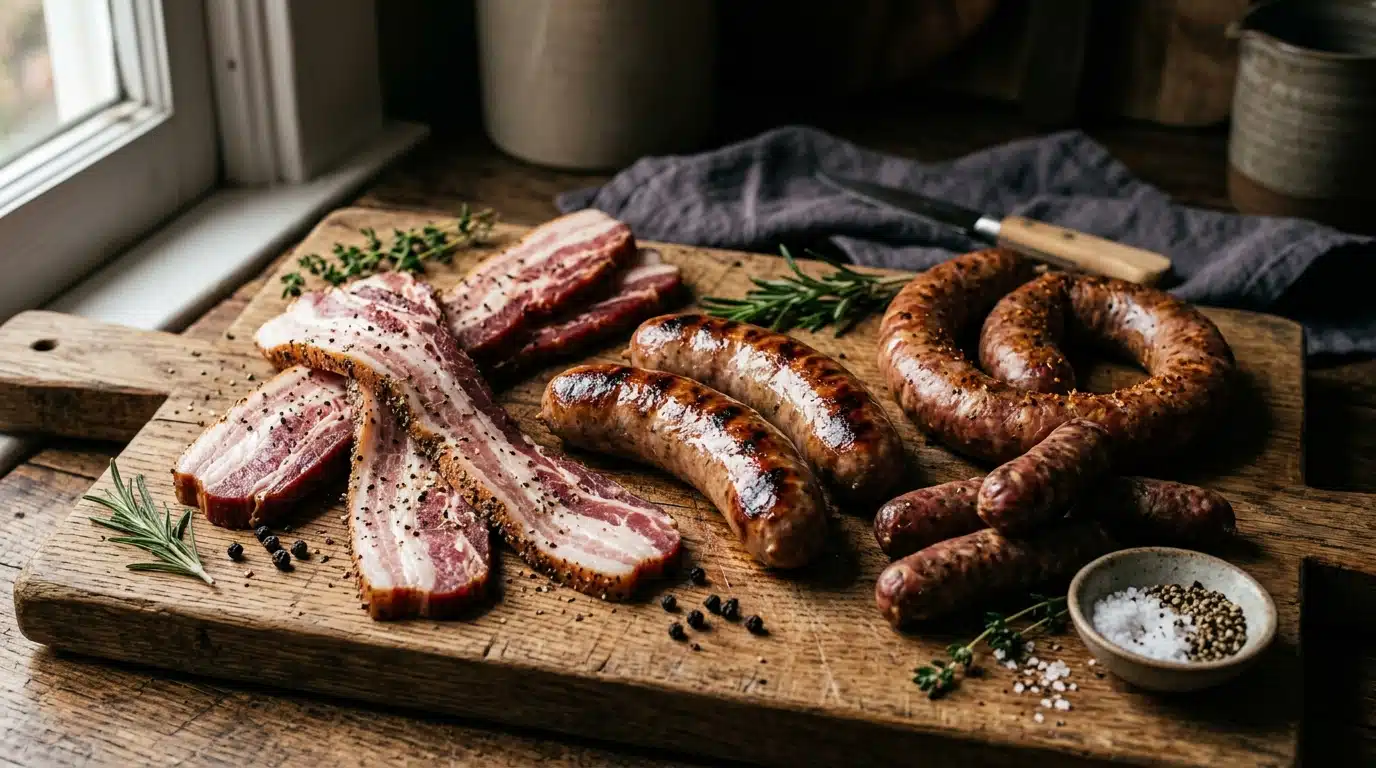Tranches de bacon et charcuterie sur planche en bois