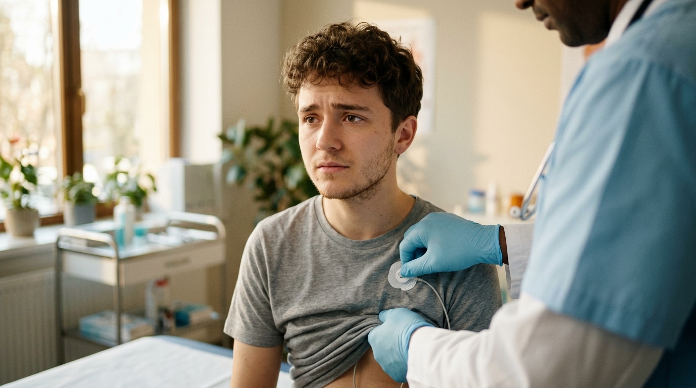 Jeune patient examiné avec électrodes pour un bilan cardiaque