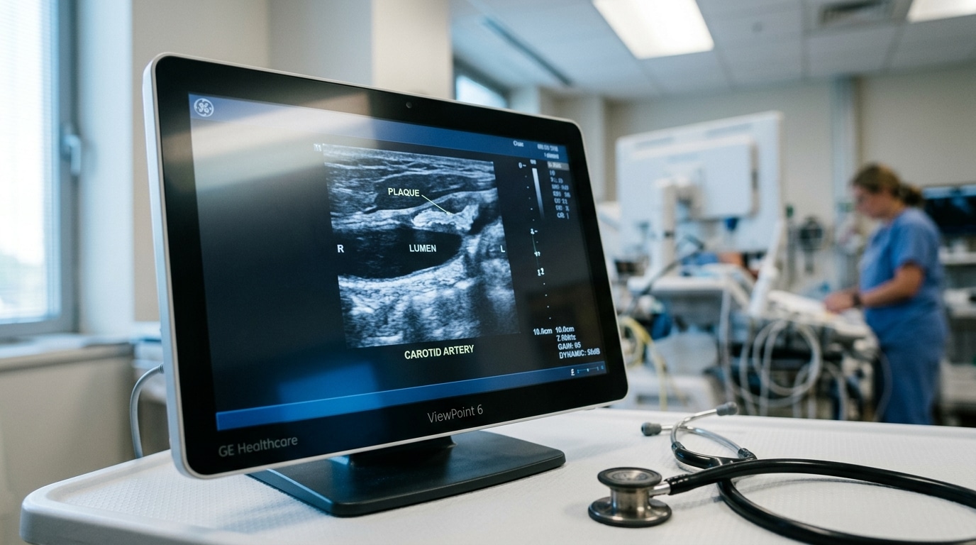 Écran médical affichant une artère avec dépôt de plaque