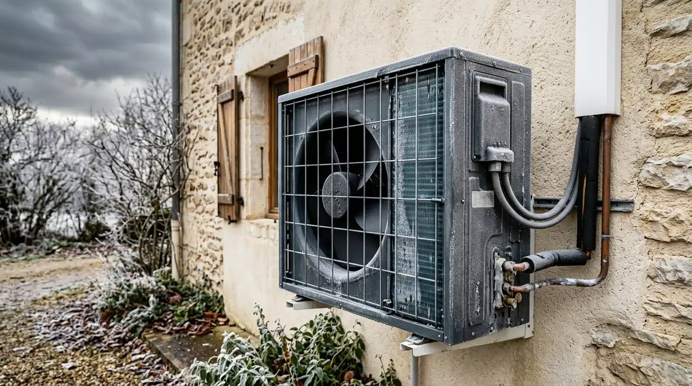 Pompe à chaleur installée sur un mur extérieur en hiver