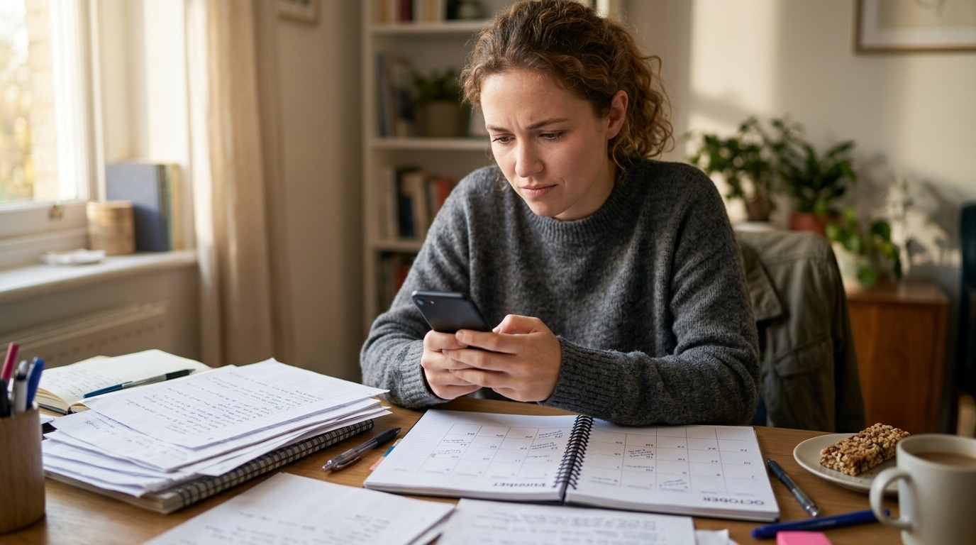 Personne anxieuse consultant son téléphone entourée de paperasse