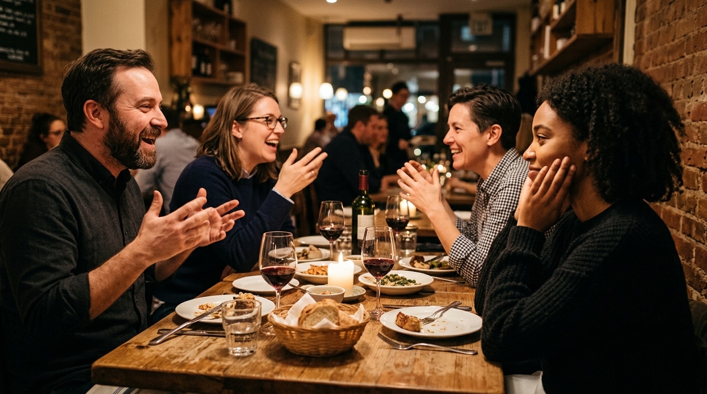Convive discret écoutant en retrait une conversation animée à table