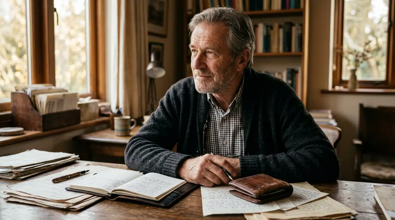 Homme senior pensif à son bureau avec papiers anciens