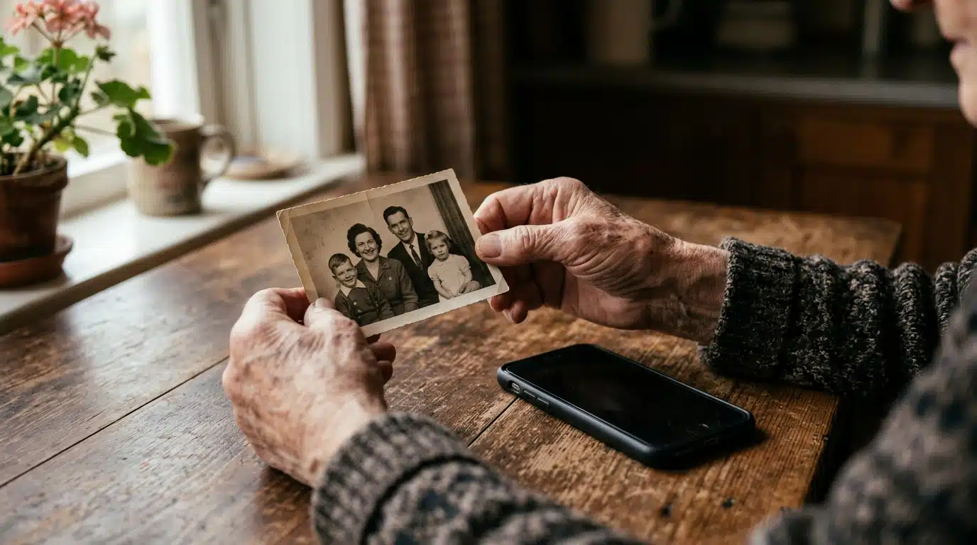 Mains âgées tenant une photo de famille ancienne