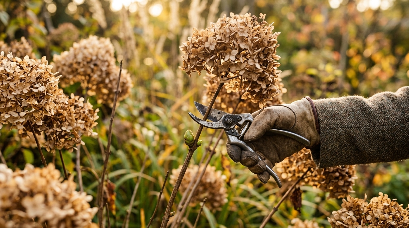 Sécateur près d'une fleur fanée d'hortensia
