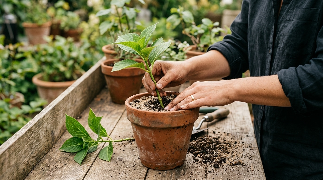 Bouture d'hortensia plantée dans un pot