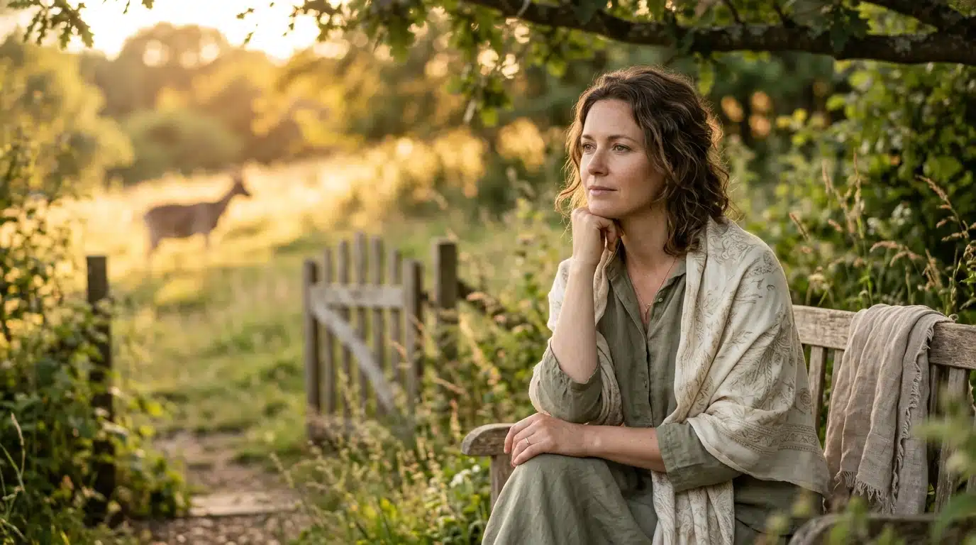 Femme pensive dans une lumière dorée et naturelle