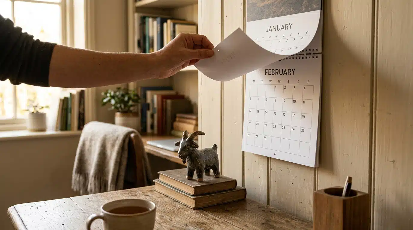 Figurine de chèvre posée près d'un calendrier