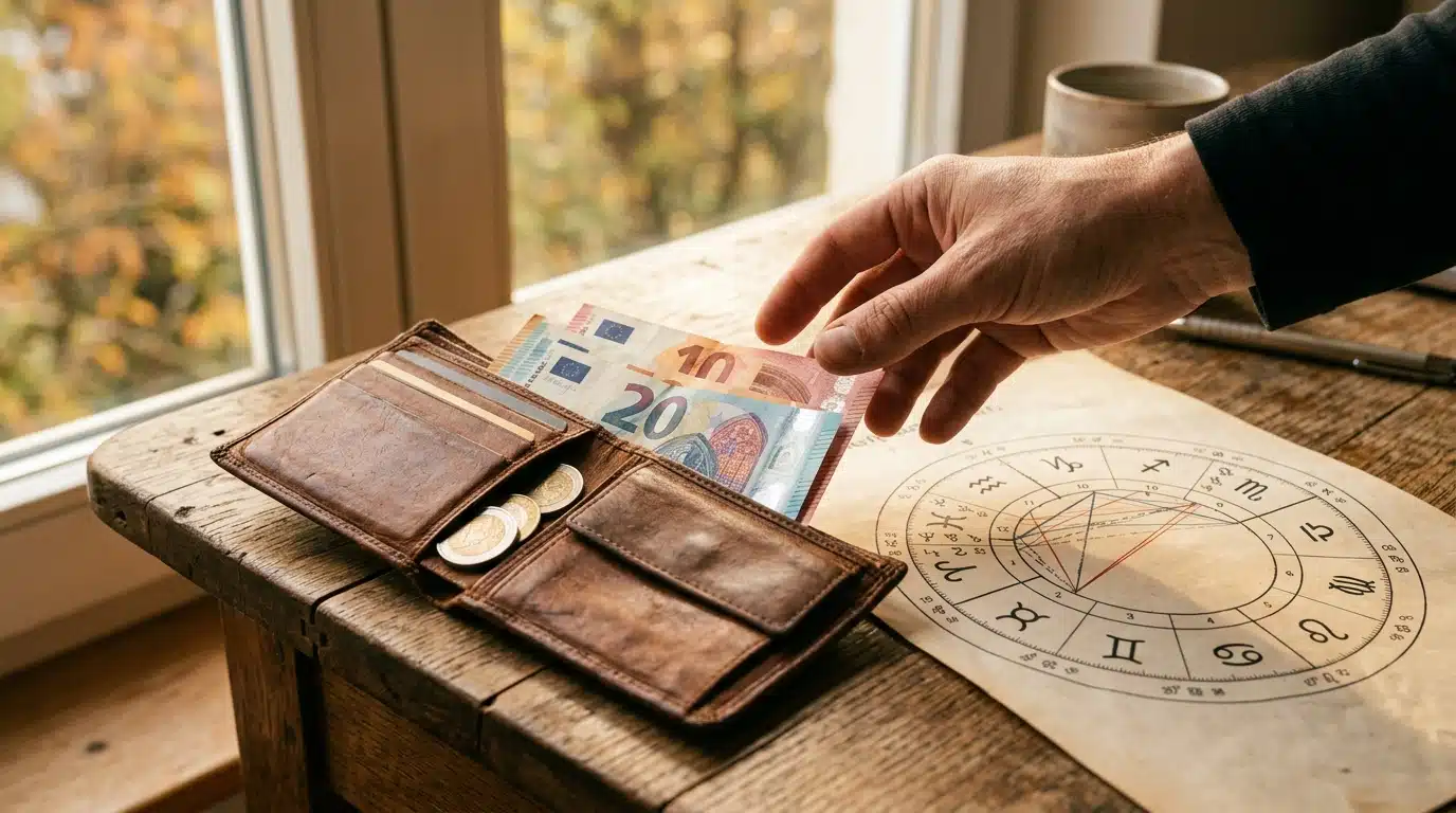 Portefeuille rempli de billets près d'un thème astral