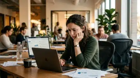 Jeune employé pensif devant son ordinateur au bureau