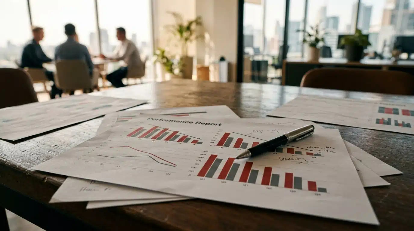 Graphiques de performance sur table de réunion professionnelle