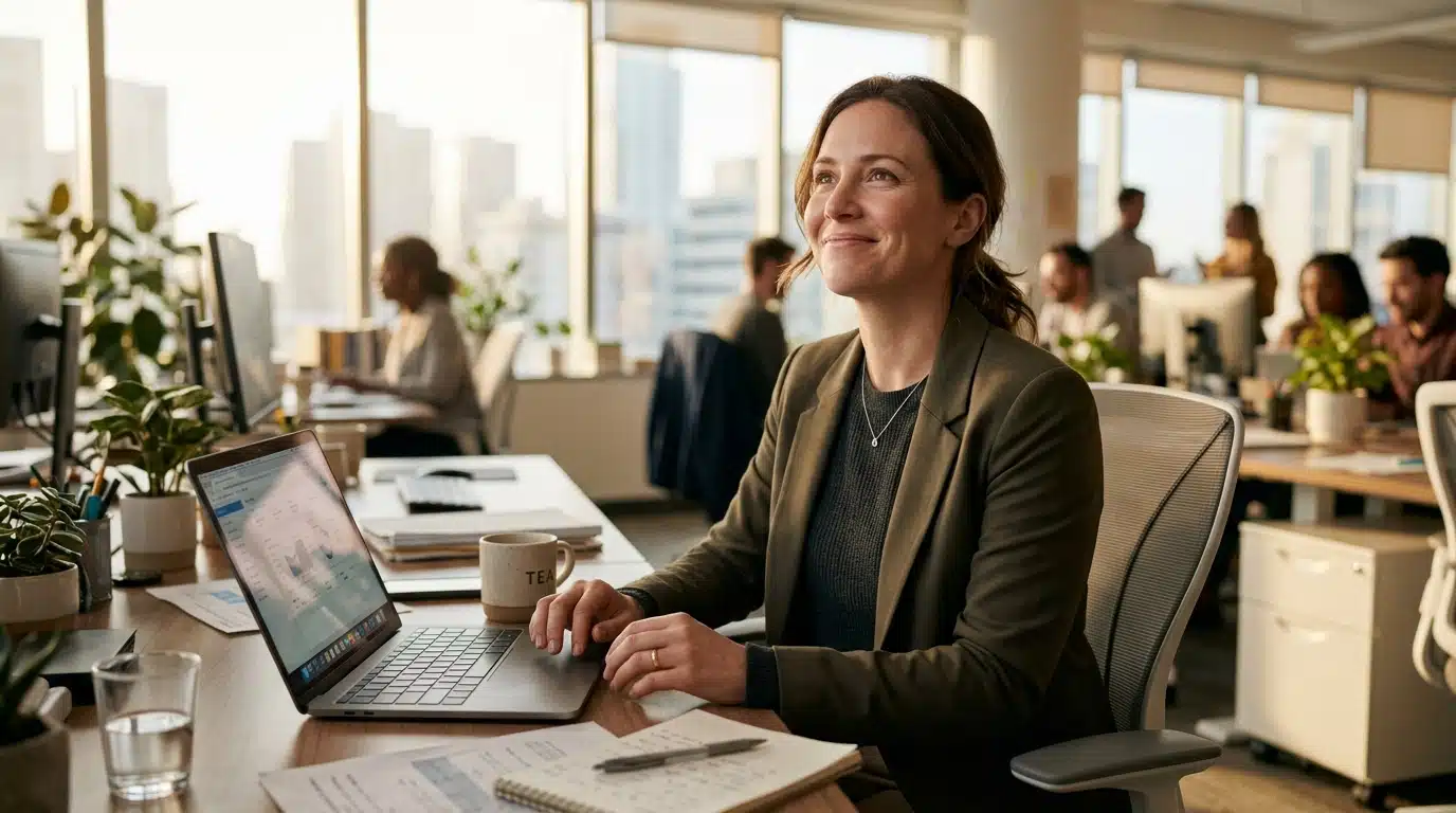 Femme souriante et soulagée à son bureau