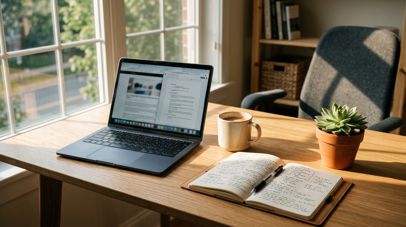 Bureau lumineux avec ordinateur et carnet ouvert