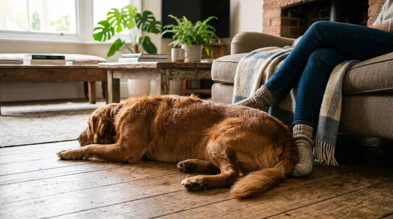 Chien détendu allongé dos tourné vers son propriétaire