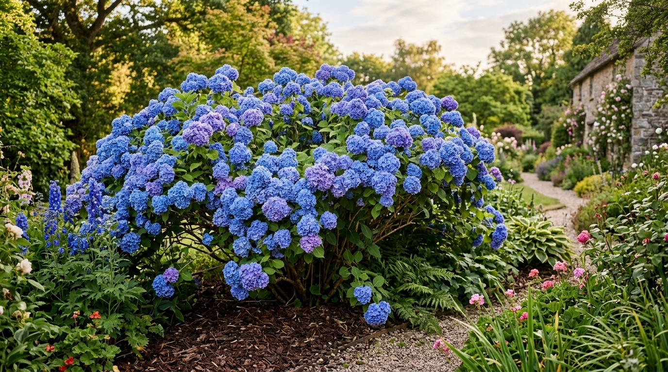 Hortensia bleu aux fleurs géantes en pleine floraison
