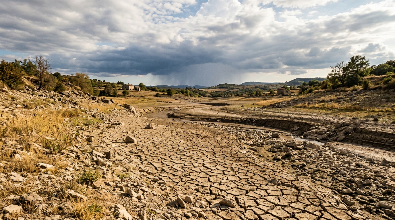 Rivière asséchée sous ciel breton nuageux