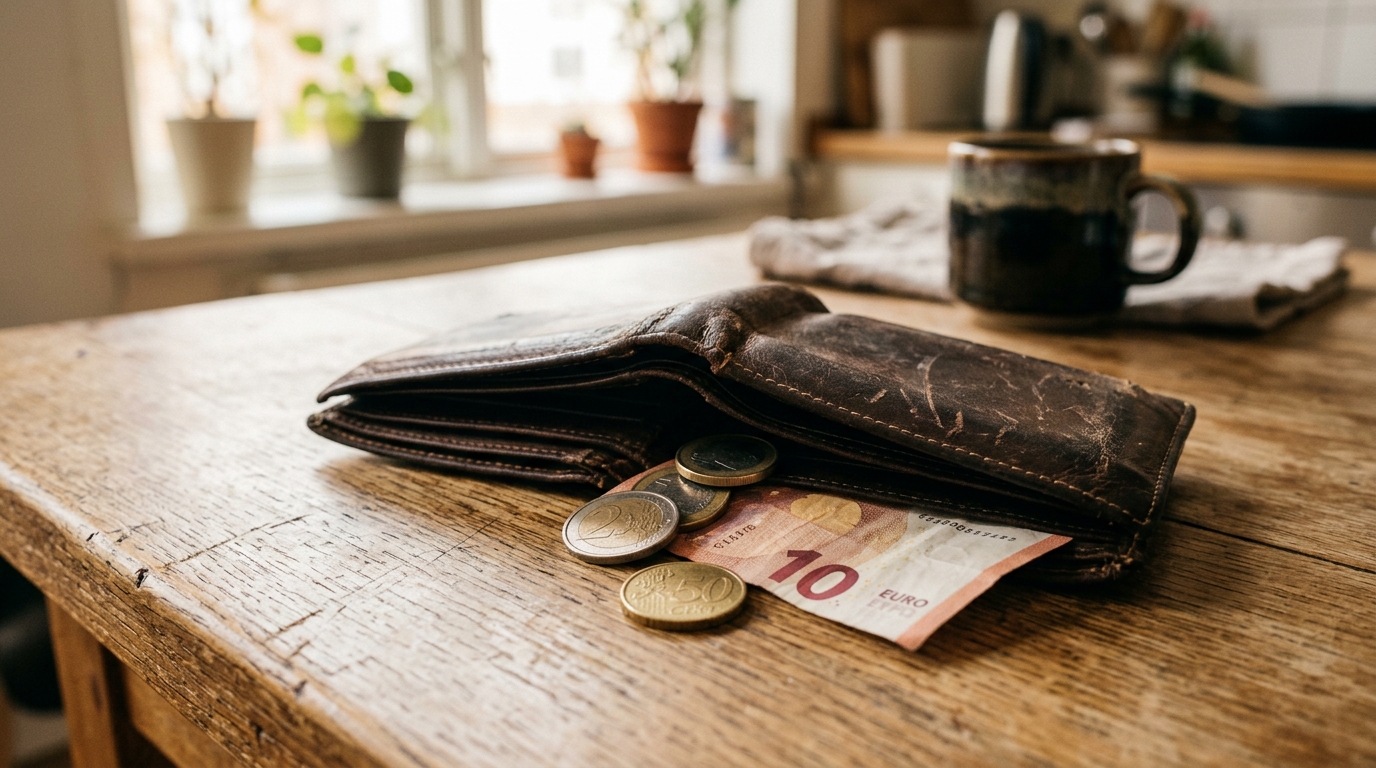Portefeuille usé avec pièces et billet sur une table