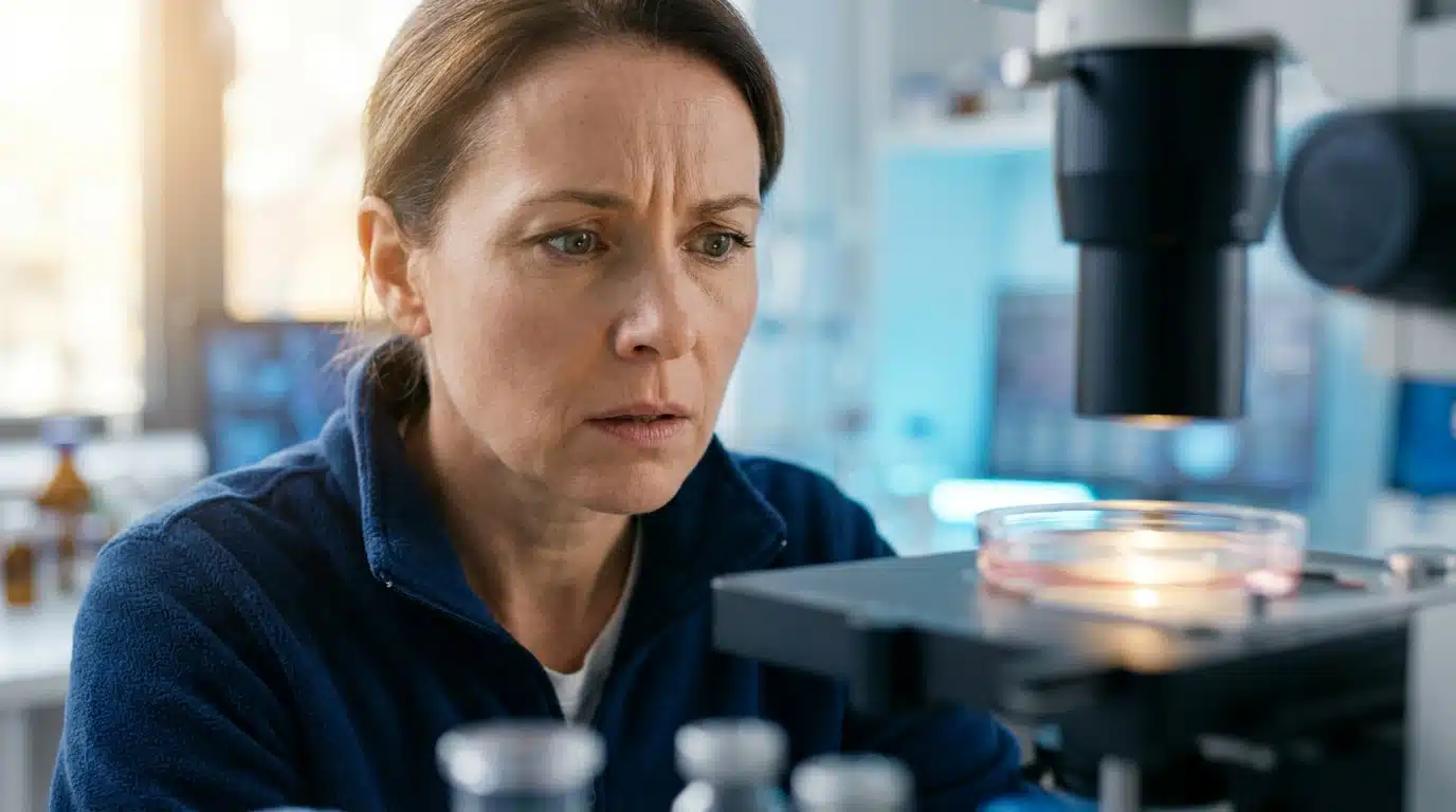 Scientifique observant une culture de neurones au microscope