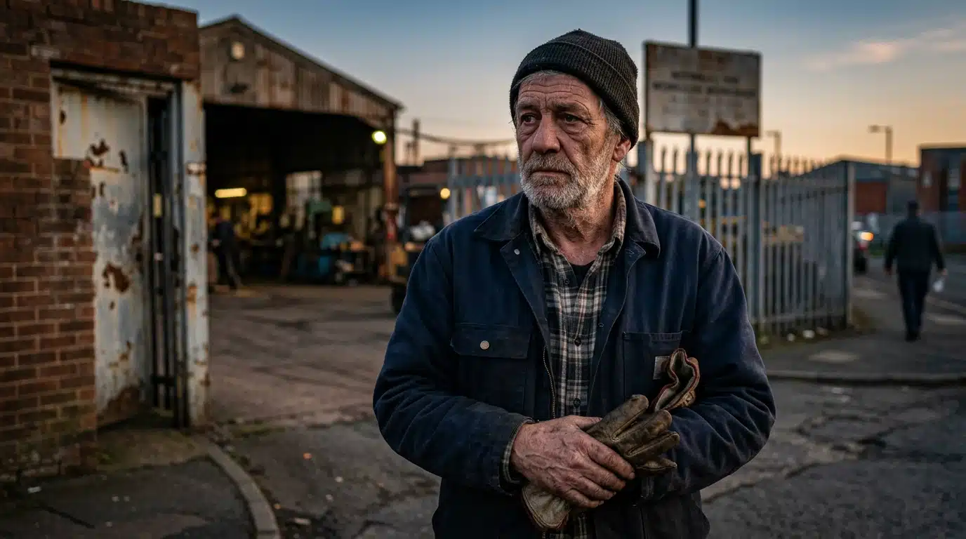 Homme senior fatigué devant un atelier au crépuscule