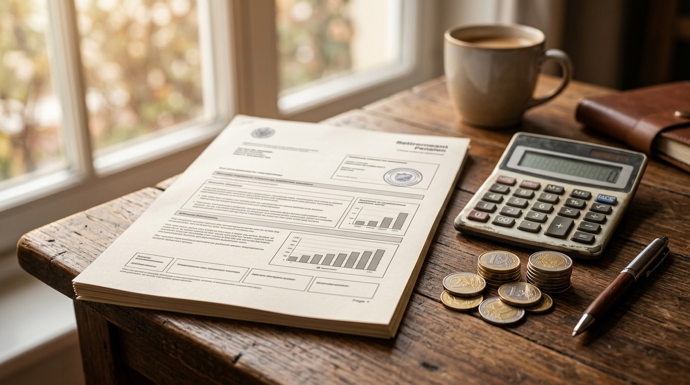 Bureau avec document retraite, calculatrice et pièces euros