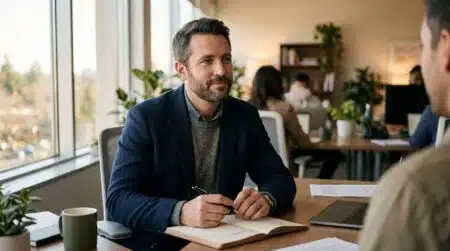 Professionnel anonyme à l'écoute dans un bureau lumineux
