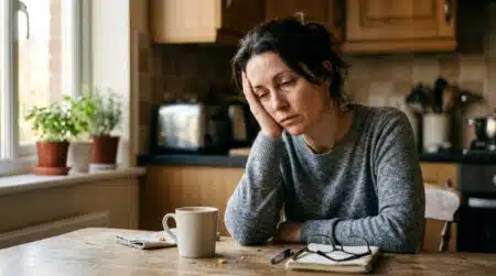 Personne fatiguée assise à table le matin