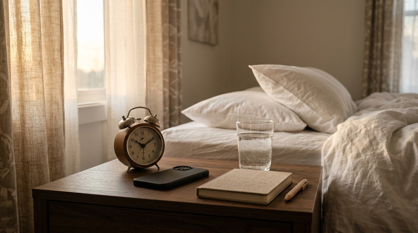 Table de nuit ordonnée à l'aube avec réveil