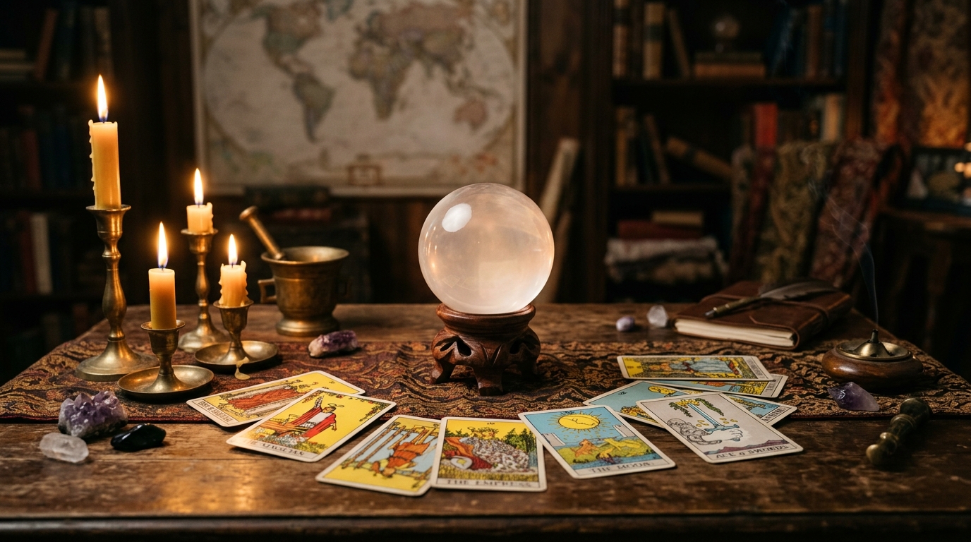 Boule de cristal et carte du monde en arrière-plan