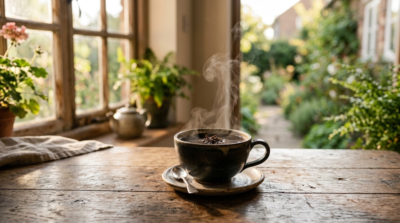 Tasse de thé noir fumante sur une table en bois