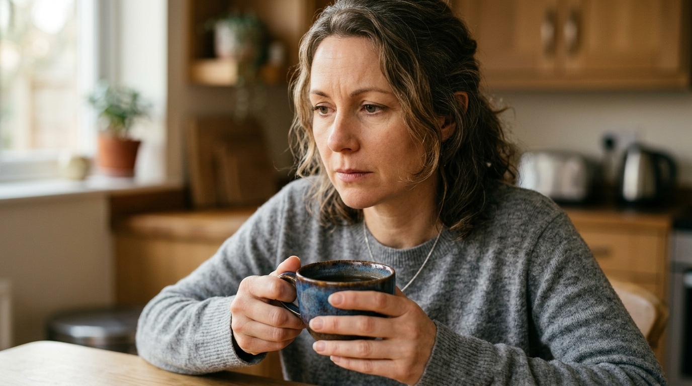 Femme pensive tenant une tasse de thé chaud