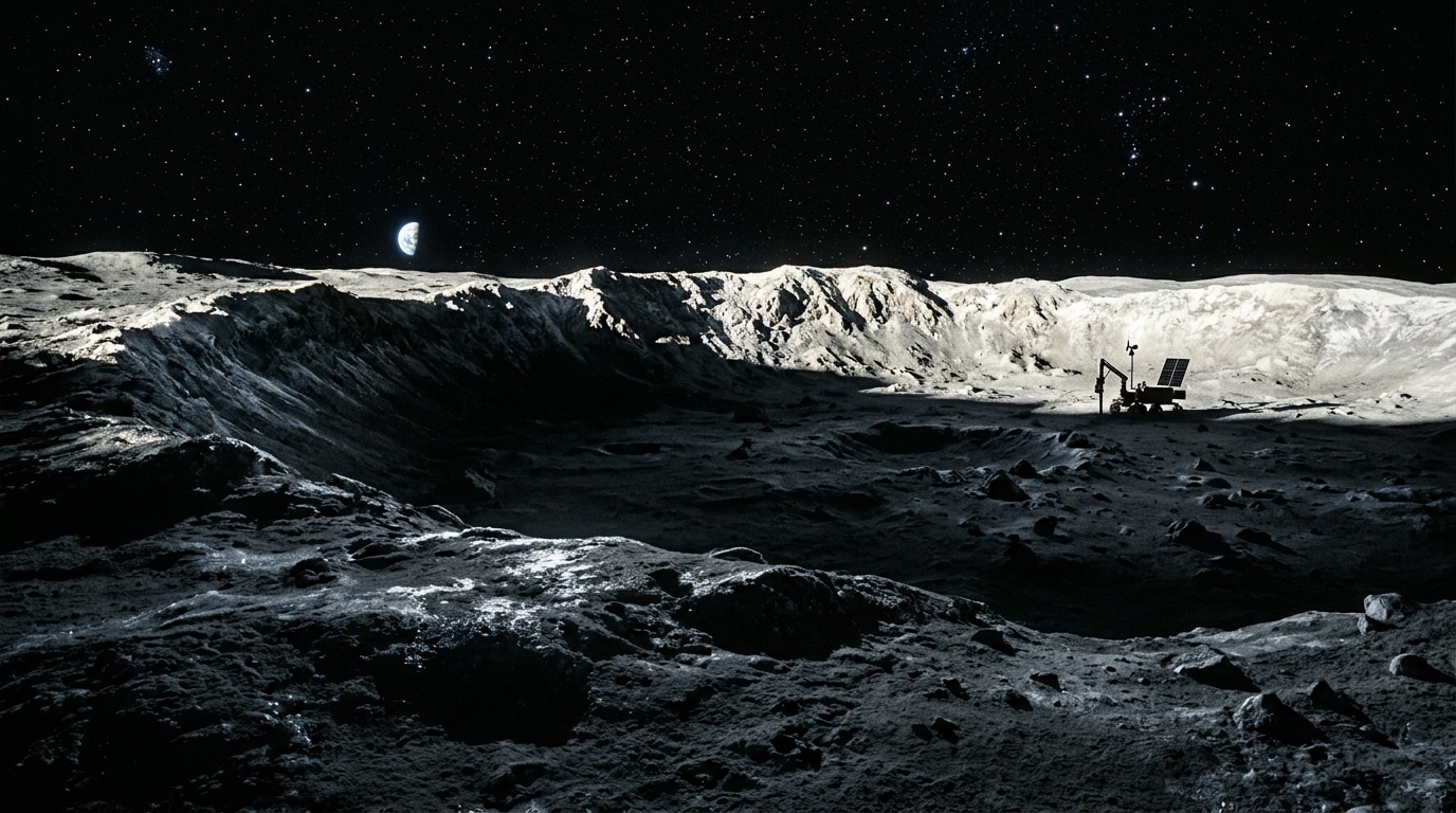 Cratère lunaire glacé plongé dans l'ombre polaire