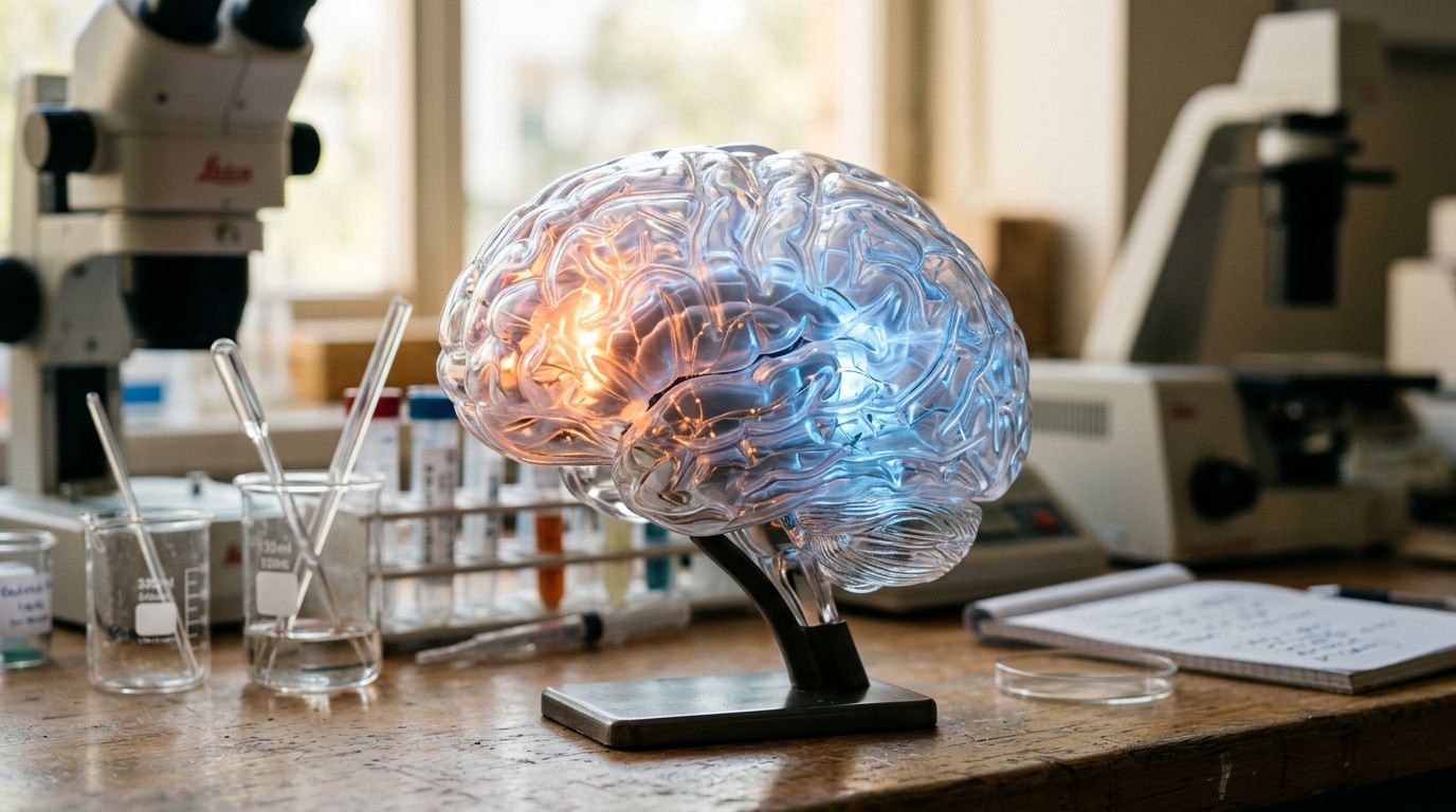 Modèle de cerveau humain éclairé sur bureau de laboratoire