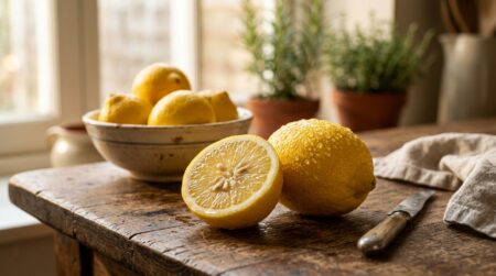 Citrons frais coupés en deux sur une table en bois