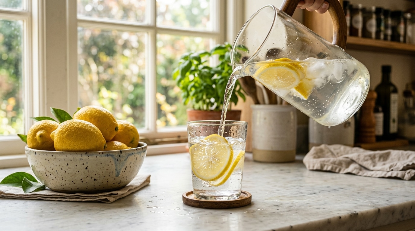 Verre d'eau citronnée avec tranches de citron