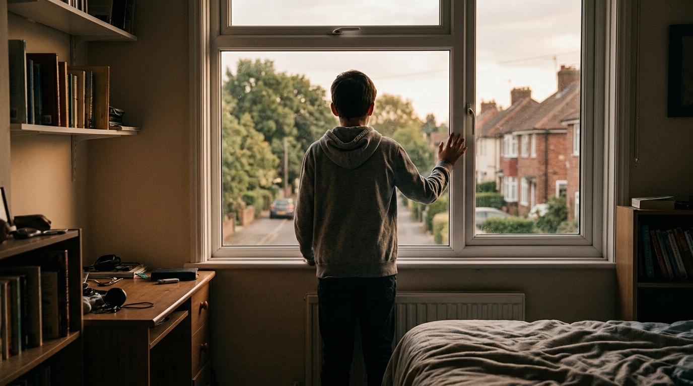 Adolescent seul face à une fenêtre, air pensif